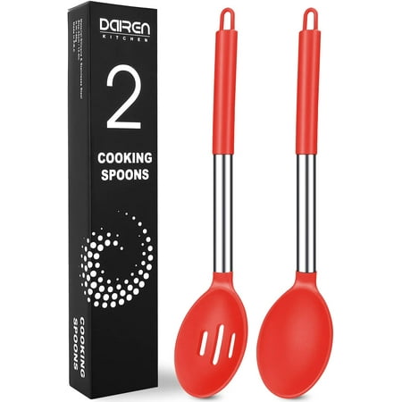 

Pack of 2 Large Silicone Cooking Spoons Non-Stick Stainless Steel Slotted and Solid Spoon Set for Serving Mixing Draining Heat Resistant Scratch Resistant and BPA Free Kitchen Scoops (Red)