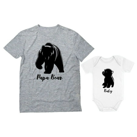 Baby & Papa Bear Men s T-shirt & Baby Bodysuit Outfit Father & Son Matching Set Dad Gray 3XL / Baby White 12M (6-12M)