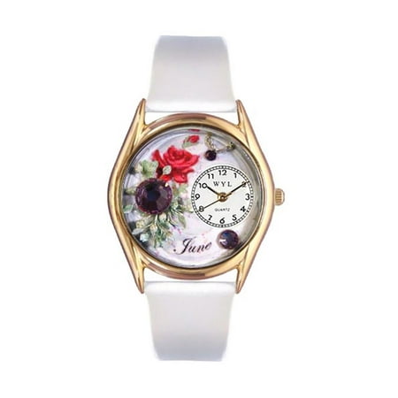 Whimsical Watches Women's Birthstone: June White Leather and Gold Tone Watch