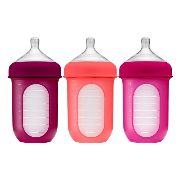 Boon Nursh Reusable Silicone Pouch Baby Bottle, Air-Free Feeding, Pink Multi Pack, 8 Oz, 3 Pk