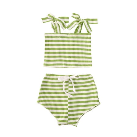 Kuriozud Baby Girl Striped Printed Lace Up Ribbed Knit Camisole Shorts Set