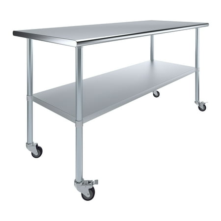 AmGood 72 Long x 30 Deep Stanless Steel Work Table with Casters | Mobile Metal Table
