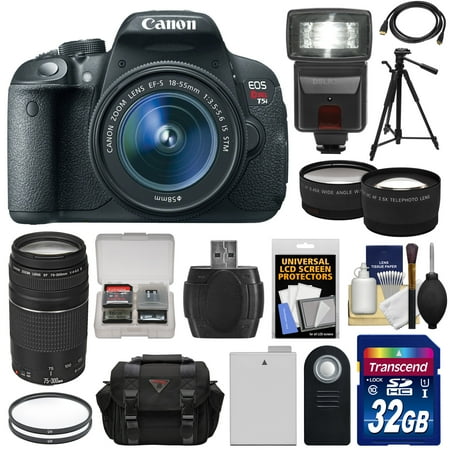 Canon EOS Rebel T5i Digital SLR Camera & EF-S 18-55mm IS STM & 75-300mm III Lens + 32GB Card + Battery + Case + Flash + Tele\/Wide Lenses + Tripod Kit Canon EOS Rebel T5i Digital SLR Camera & EF-S 18-55mm IS STM & 75-300mm III Lens + 32GB Card + Battery + Case + Flash + Tele\/Wide Lenses + Tripod Kit