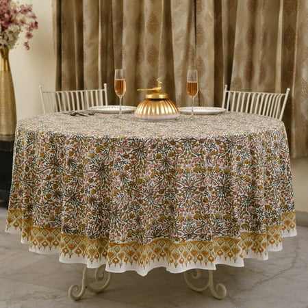 Goldenrod Yellow Fern Green Peanut Brown Indian Hand Block Floral Printed Cotton Cloth Round Tablecloth Farmhouse Christmas Wedding Home