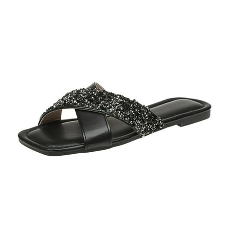 Cathalem Ladies Fashion Summer Sequins Decorative Leather Open Toe Flat Casual Slippers Black 39
Cathalem Ladies Fashion Summer Sequins Decorative Leather Open Toe Flat Casual Slippers Black 39