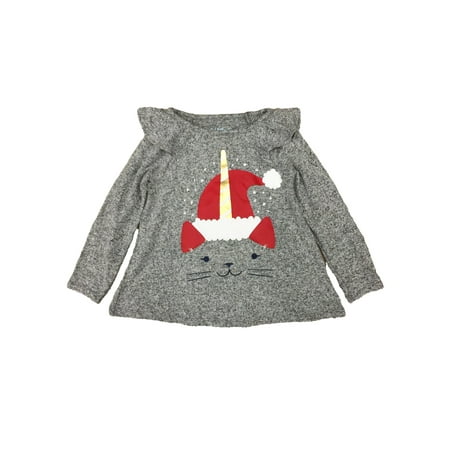 Toddler Girls Gray Santa Cat Unicorn Christmas Long Sleeve Holiday Shirt 3T