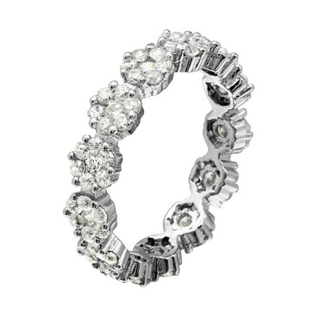 Clear Pave Set Cubic Zirconia Flower Band Ring Rhodium Plated Sterling Silver Size 6