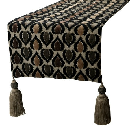 

Velvet Decorative Table Runner Luxury Textured Fabric with Bead Embroidery and Tassels 16 inch wide x 120 inch extra long Decor Elegant Modern Designer Table - Peacock Art Deco