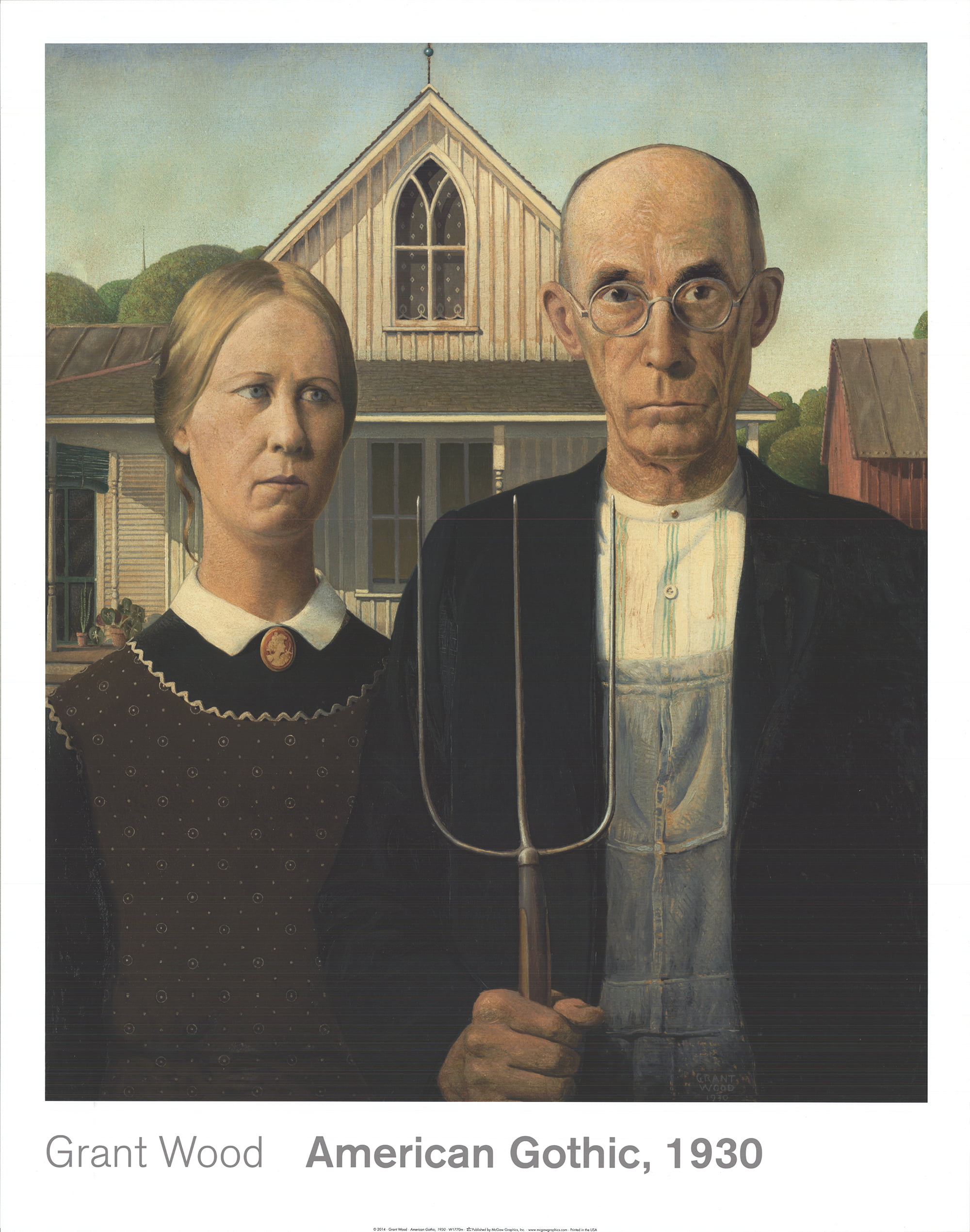 Grant Wood American Gothic X Offset Lithograph Modernism Neutral Black White