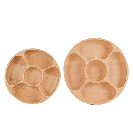 Wooden Round Food Divided Plate Dessert Sub-Grid Dish Tableware 5 Compartments(25 cm+30 cm)