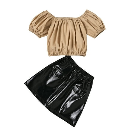 Girl’s Solid Color Boat Neck Lantern Sleeve Tops and Leather Skirt Suit
Girl’s Solid Color Boat Neck Lantern Sleeve Tops and Leather Skirt Suit