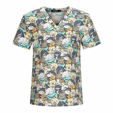 Sksloeg Scrubs Tops For Women Cartoon Printed Top Cute Cat Patterned V-Neck Workwear T-Shirts With Pockets Nursing Working Uniform Gray XXL