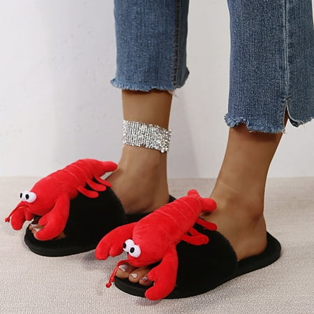 YOLAI Ladies Fashion Cute Plush Lobster Open Toe Flat Casual Warm Furry Slippers