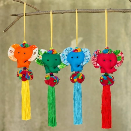 NOVICA Handmade Set of 4 Cotton Ornaments Happy Thai Elephants (Thailand)