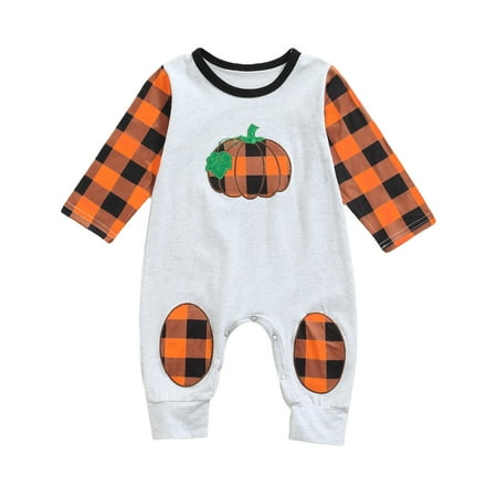 Binpure Baby Boys Pumpkin Patchwork Romper Long Sleeve O-neck Jumpsuit