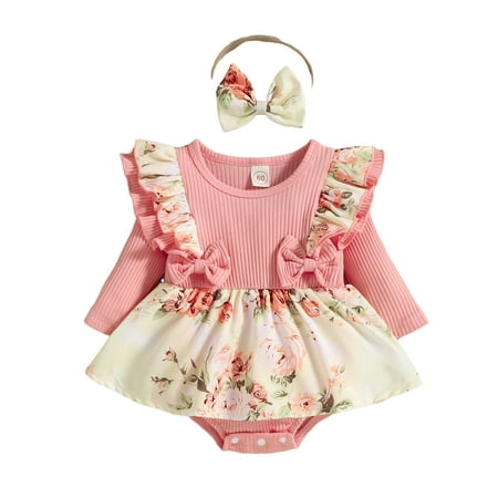 PBaeM Baby Newborn Girls Long Sleeve Romper Headband 2 Piece Outfit Sets