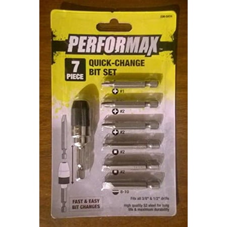 Performax 7 Piece Quick Change Screwdriver Fast Bit Set PH #1 #2 SQ#2 SLOT 8-10