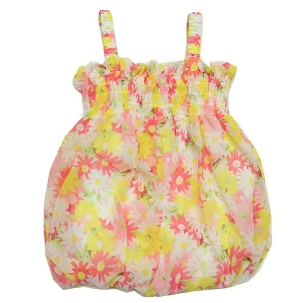 Baby Girls Yellow Pastel Floral Print Strap Bubble Chiffon Dress 6-24M