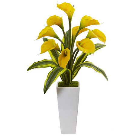Callas With Tropical Leaves In Glossy Planter-YL