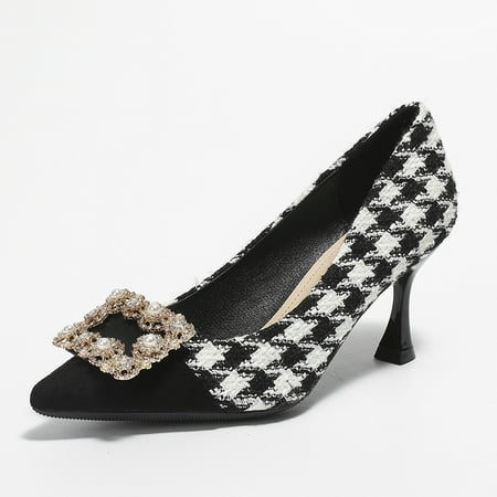 Women‘s Houndstooth Pointed Toe High Heels Faux Pearl & Rhinestone Slip On Pumps Versatile Stiletto Dress Shoes
Women‘s Houndstooth Pointed Toe High Heels Faux Pearl & Rhinestone Slip On Pumps Versatile Stiletto Dress Shoes