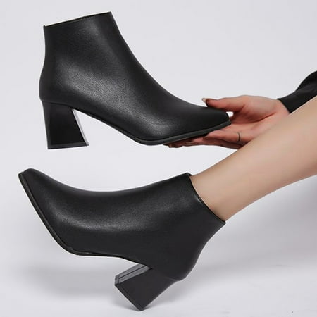ZMHEGW Boots For Women Short Zipper Retro Pointed Thick Heel Ankle Boots Shoes