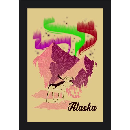 Alaska - Northern Lights, Mountains, Moose - Vector - Lantern Press Artwork (12x18 Giclee Art Print, Gallery Framed, Black Wood)