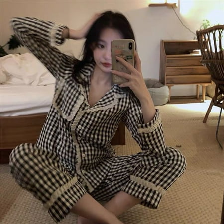 Plaid Casual Pajama Sets Women Single Breasted Ins Japan Turn-down Collar Nightwear Spring Fall Elastic Waist Homewear New Mujer
Plaid Casual Pajama Sets Women Single Breasted Ins Japan Turn-down Collar Nightwear Spring Fall Elastic Waist Homewear New Mujer
