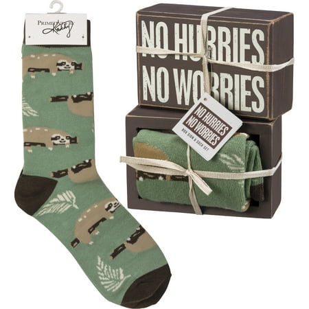 Primitives by Kathy Box Sign & Pair of Socks Set - Sloth No Hurries No Worries