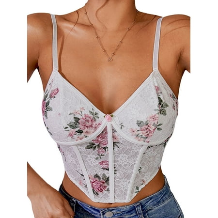 

Women s Lace Corset Tops Sleeveless Spaghetti Strap Floral Print Boned Cami Tops Summer Camisole