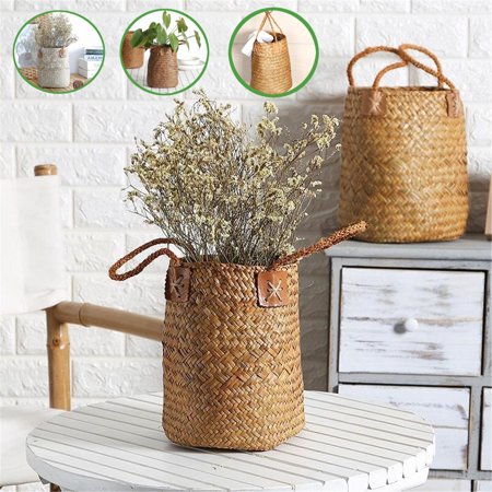 Flower Plant Storage Straw Basket Handle Pot Holder Organizer Home Decoration US