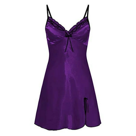 

Baywell Women Strappy Satin Sleepwear Dress Split Hem Lace Trim Chemise Nightgown Sexy Nightie V Neck Sleepdress Nightwear Bridal Babydoll Purple S