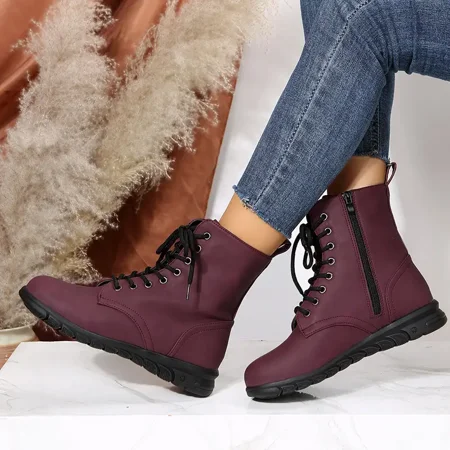 Women‘s Ankle Flat Boots Solid Color Side Zipper Lace Up Faux Leather Shoes Women‘s Footwear 
Women‘s Ankle Flat Boots Solid Color Side Zipper Lace Up Faux Leather Shoes Women‘s Footwear