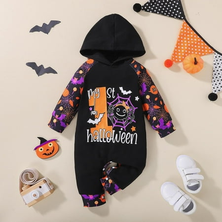 Infant Boys Girls Halloween Long Sleeve Romper Letter Prints Cartoon Pumpkin Hooded Jumpsuit