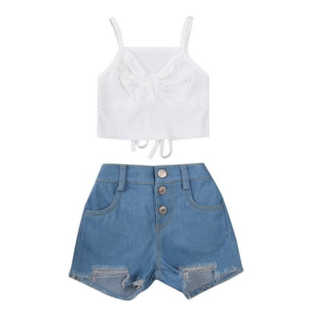 Dewadbow Toddler Kids Baby Girl Outfits T-Shirt Tops Denims Shorts Set