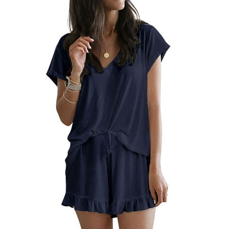 Nlife Women Short Sleeve V Neck Ruffled Elastic Band Homewear Set