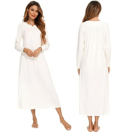 Wisremt Women s Long-sleeved Retro Sleep Skirt Casual Pajamas Dress