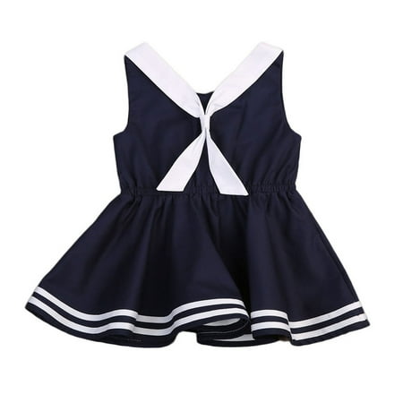 Kid Girls Nautical Sailor Dresses Toddlers Girls Bowtie Swing Casual Sundress