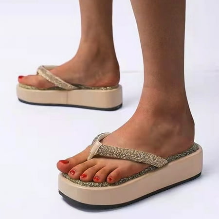 NECHOLOGY Flip Flops for Women Arch Support Round Glossy Tow Women s Fashion Flip-Flops Leather Women Sandals Flip Flops Gold 9