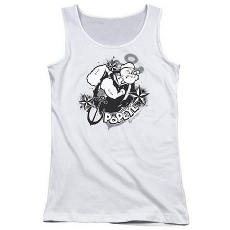 Popeye-Stars And Anchor Juniors Tank Top, White - Small
