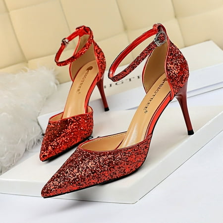 Women‘s Pointed Toe Pumps Stiletto High Heel Ankle Strap High Heels Women‘s Sequins Sandals