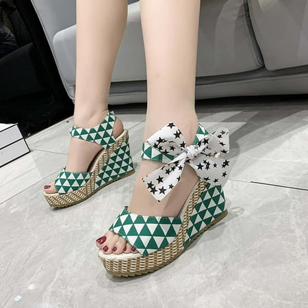 Lydiaunistar Women s Fashion Platform 10CM Heel Sandals Shoes Thick Bottom Silk Ribbon Sandals Green 7.5()