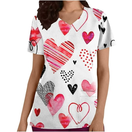 

Hfyihgf Nurse Uniforms Tunic for Women Valentine s Day Scrub Tops Heart Patterned Short Sleeve V-Neck Workwear T Shirt with Pockets(Watermelon Red L)