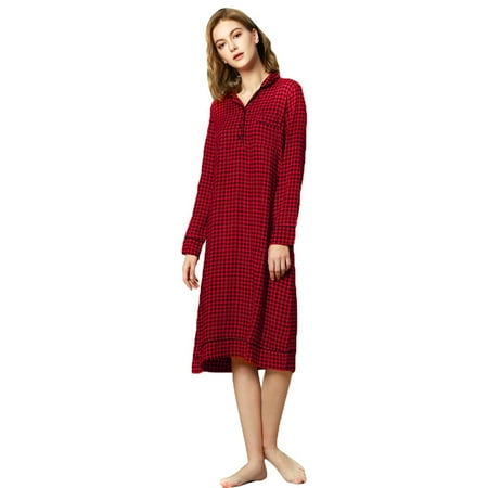 GOODLY Women s Red and Black Plaid Cotton Nightgown Long Soft Sleep Dress