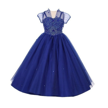 Girls Royal Blue Stone Pearl Flower Girl Junior Bridesmaid Bolero Dress 6-18
