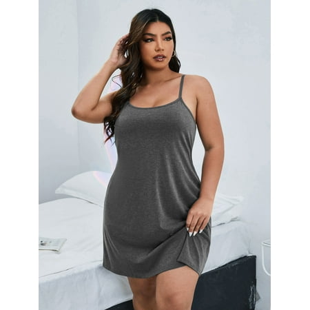 Women s Plus Solid Cami Night Dress 2XL(16) Dark Grey Casual F22001D