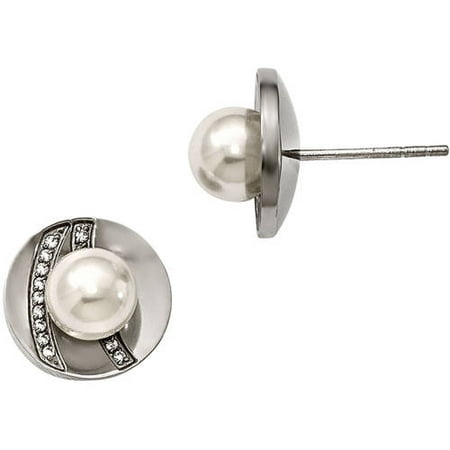 Primal Steel CZ and Freshwater Pearl Stainless Steel Polished Post Earrings