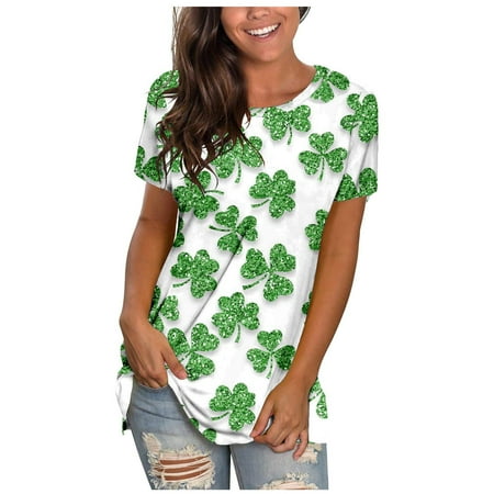 Long Sleeve Shirts for Women Long Sleeve Crop Top Women s Casual St. Patrick s Day Print Pullover Short Sleeve T-Shirt Tops Shirt Going Out Tops Clearance Square Neck Tops for Women White 2XL
