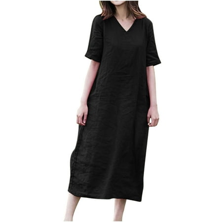 Women s Short Sleeve Dress Cotton Linen Plus Size Loose Fit Swing Fall T-Shirt Maxi Dress Casual V-Neck Solid Color Pleat Long Length Down Shift Dresses
Women s Short Sleeve Dress Cotton Linen Plus Size Loose Fit Swing Fall T-Shirt Maxi Dress Casual V-Neck Solid Color Pleat Long Length Down Shift Dresses
