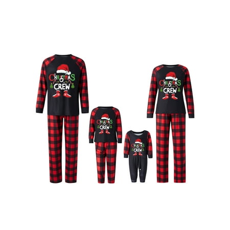 Family Matching Christmas Pajamas Cartoon Letter Christmas Hat Print Long Sleeve Tops + Plaid Pants Sleepwear Sets