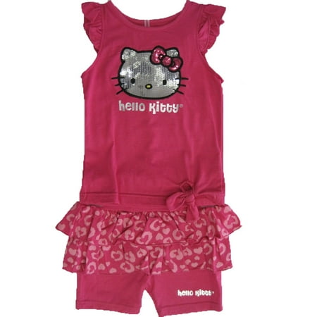 Hello Kitty Little Girls Fuchsia Flutter Sleeve Ruffle Sequin 2 Pc Shorts Set 4-6X